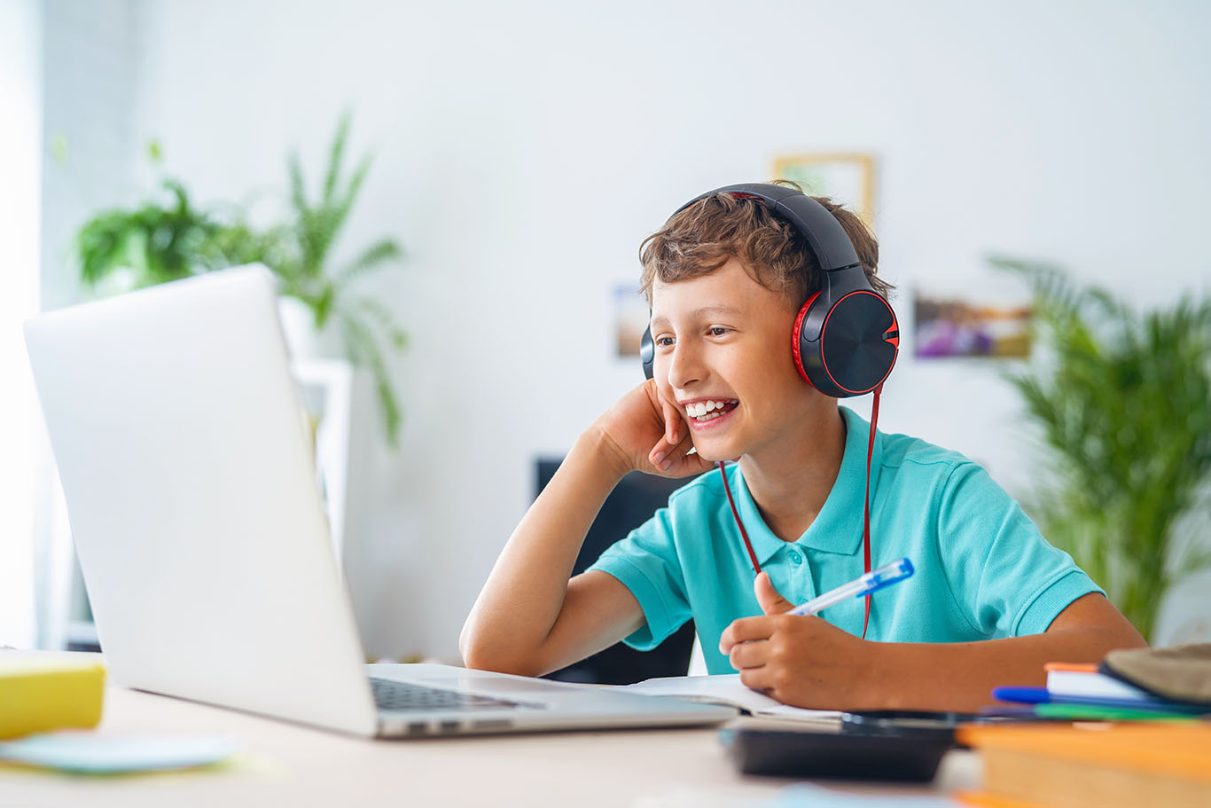Happy student during online language lesson